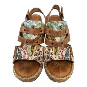 Born Multicolor Patterned & Brown Leather Wedge Sandals